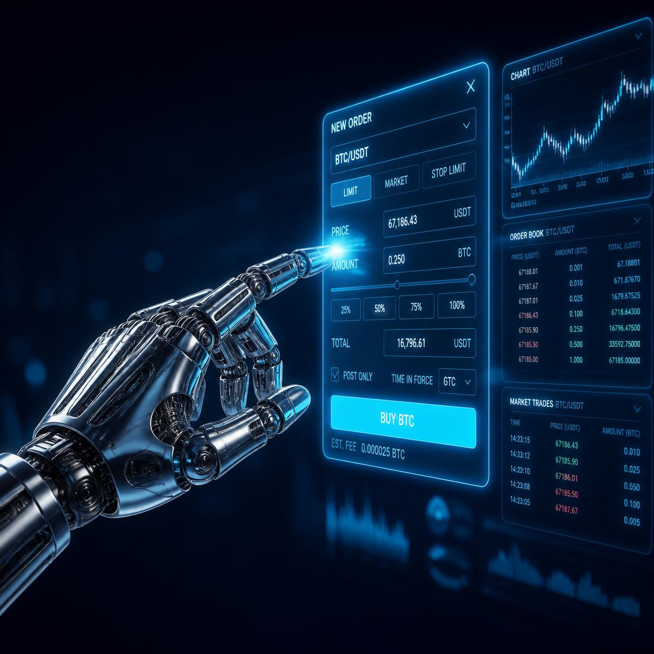 Robotic hand placing an order on a holographic trading interface